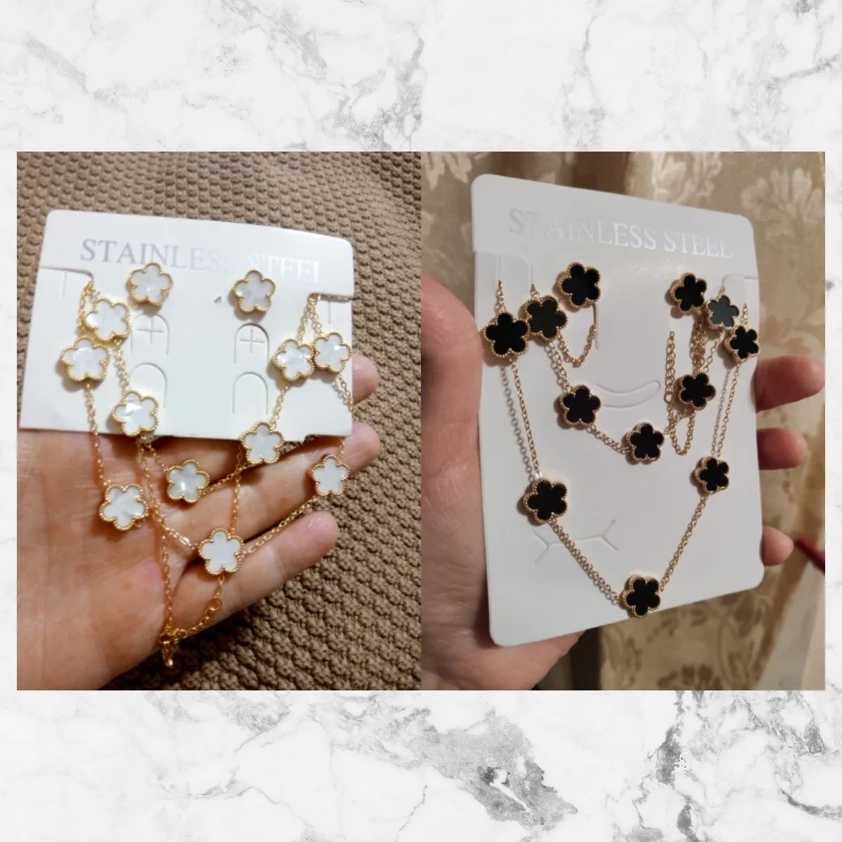 LUXUKISSKIDS Fashion Flower Necklace Earrings Set Jewelry Women Stainless Steel White Shell Clover Bracelet Jewelry Accessories