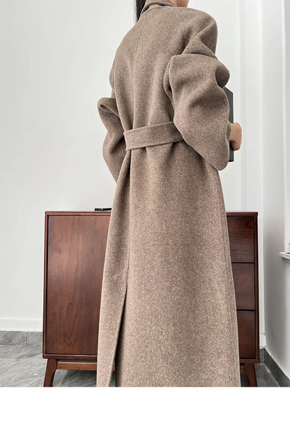 Office Lady Woolen Jackets 2024 Autumn And Winter Bathrobe Style Pocket Double-Sided Loose Lace -Up Tie Women's Long Wool Coats