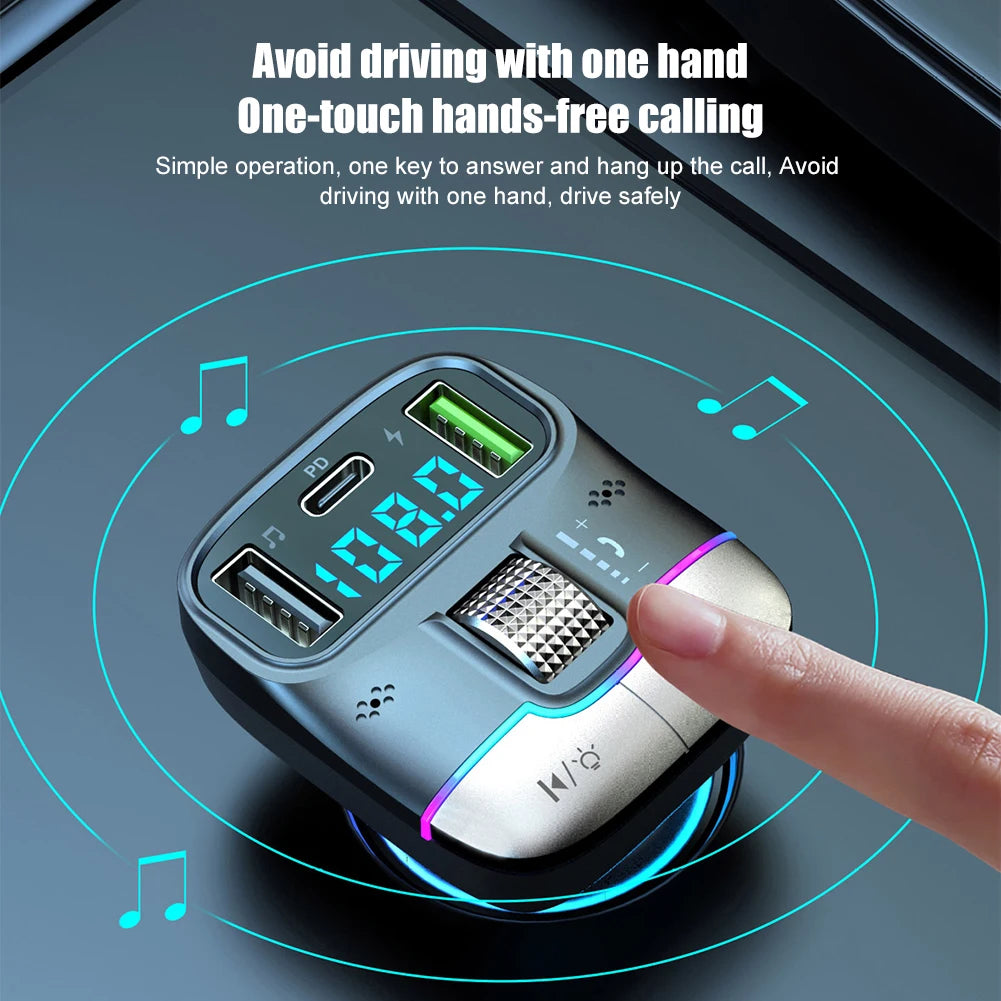 Bluetooth 5.3 Car FM Transmitter Wireless Bluetooth Car Adapter MP3 Player Handsfree Call Dual USB PD Fast Charger Roller Wheel