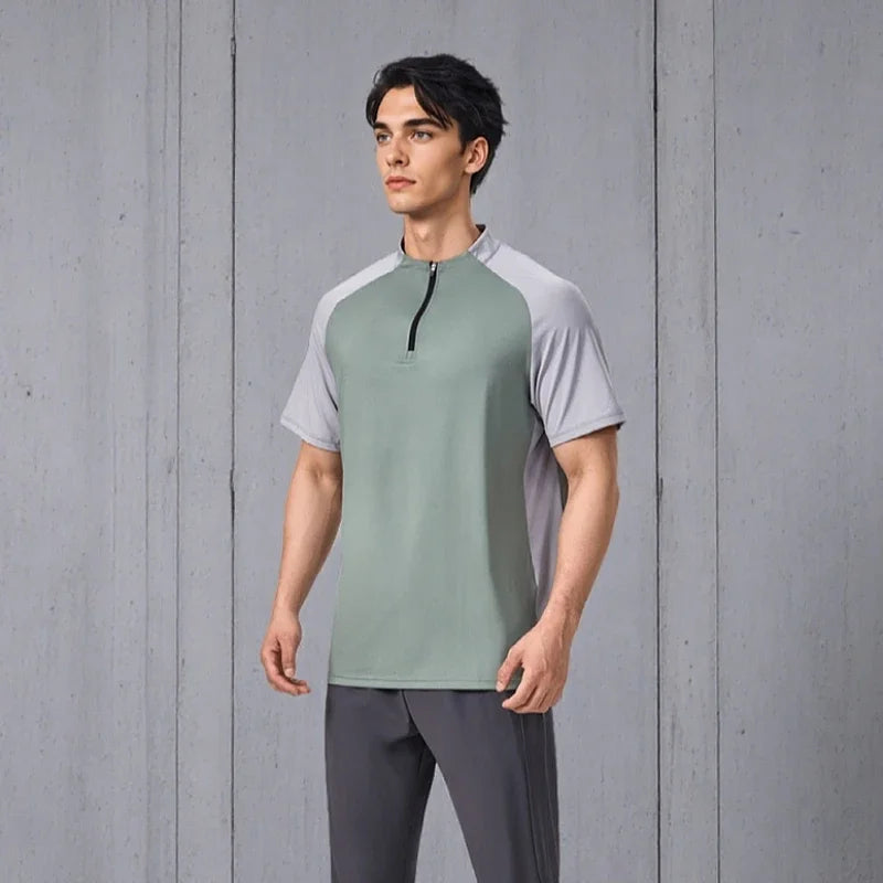 Sports T-shirt, men's half-zipper stand-up collar short-sleeved running top, summer sports training tennis clothes
