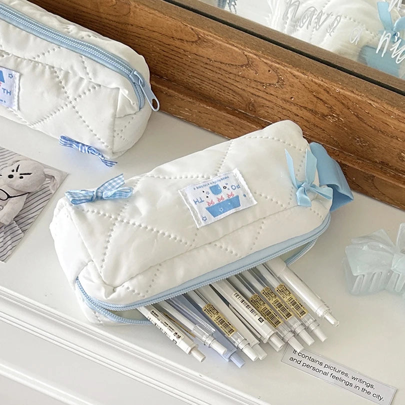 Blue Bow Pencil Case Cute Stationery Pencil Pouch Portable Trousse Large Capacity Estuche Escolar School Supplies Pencil Cases