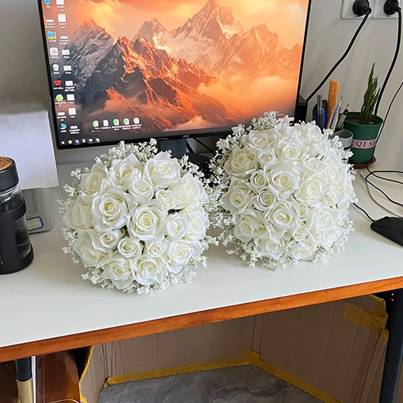 Bridal Bouquet Wedding Flowers Bridesmaids Silk Roses Fake Babys Breath Bride Wedding Accessories Table Centerpiece Decoration