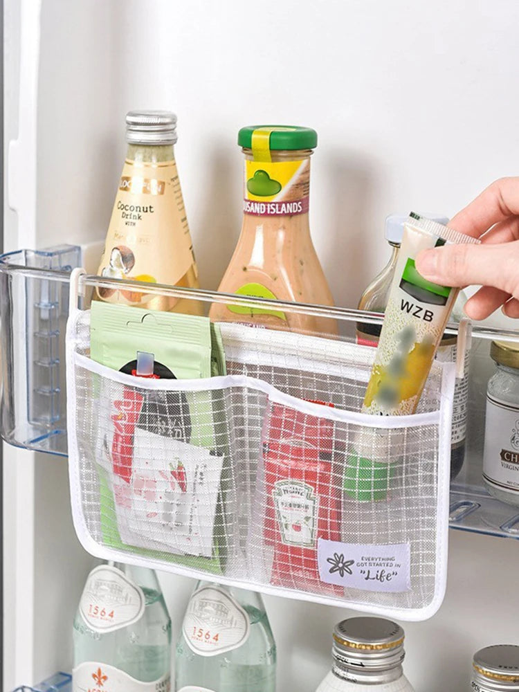 Dual Compartment Fridge Hanging Organizer - Mesh Storage Bags for Fruits/Snacks, No Hook Space Saving Bin with Clear Window