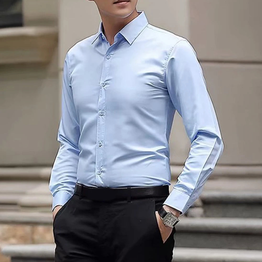 New Men\'s Long Sleeve Drill Button Shirts Tight Business Formal Social Wrinkle Lapel Casual Solid Simple Fashion Male T-shirts