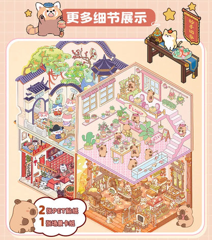 Cartoon 3D Chinatown Landscape Sticker Theater Pharmacy Restaurant DIY Pocket Cabin Scene Stickers Gift for Kid Child