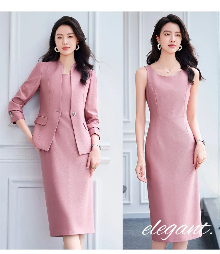 Office Suit Women Collarless Blazer + Vest Dress Set Executive Lady Workwear Elegant 2 Piece Set Long Sleeve Pink Suit Jacket