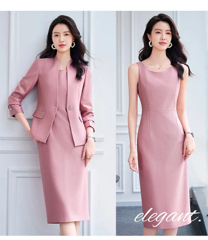 Office Suit Women Collarless Blazer + Vest Dress Set Executive Lady Workwear Elegant 2 Piece Set Long Sleeve Pink Suit Jacket