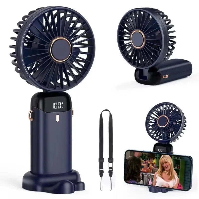 Portable mini fan that can be folded and hung around the neck, 5-speed USB charging fan, supporting phone and display screen,