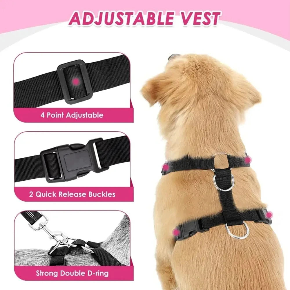 Dog Car Harness Seatbelt Set, Dog Vest Harness Adjustable with Breathable Mesh & Vehicle Safety Seat Belt Tether with Elastic