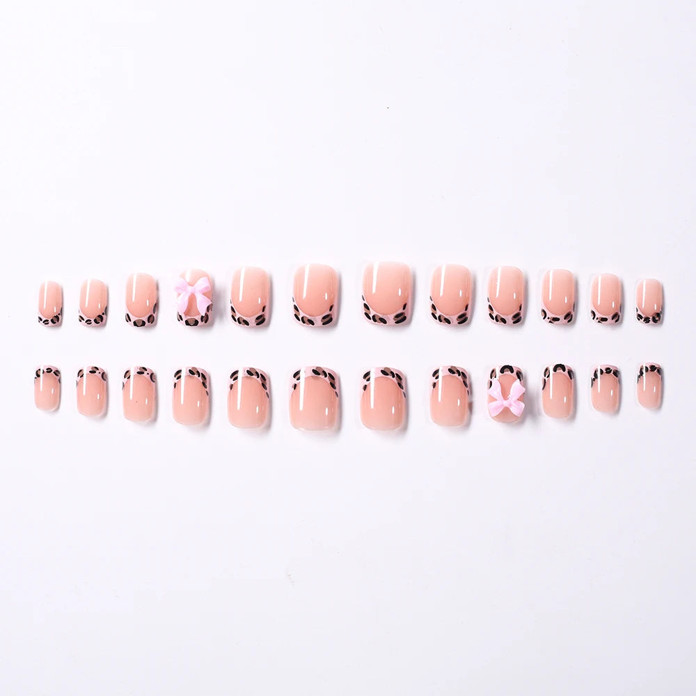 24Pcs Pink Leopard Print French Tips False Nails Short Square Head 3D Black Bowknot Fake Nails Acrylic Full Cover Press on Nails