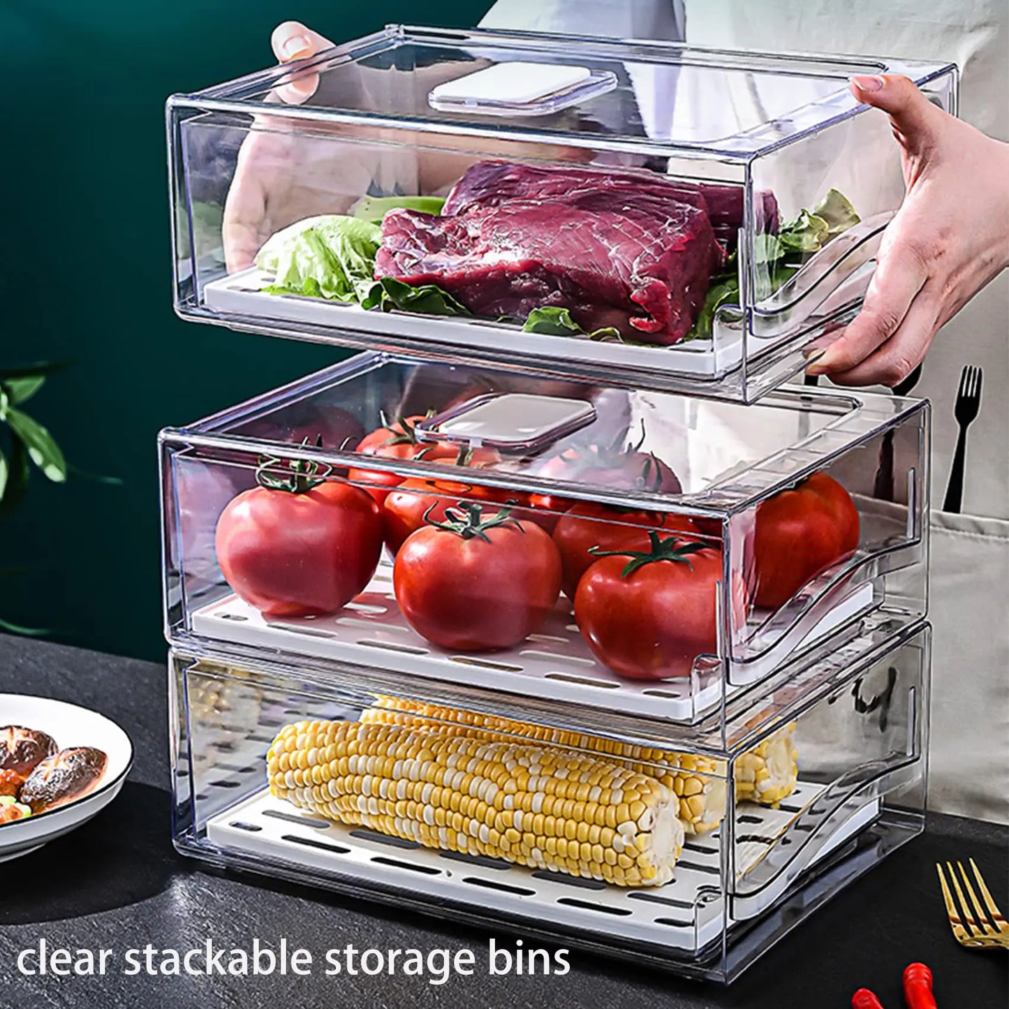 Fridge Organizer, Stackable Refrigerator Organizer Bins Reusable Food Storage Containers Fridge Drawer Organizer in Home Kitchen