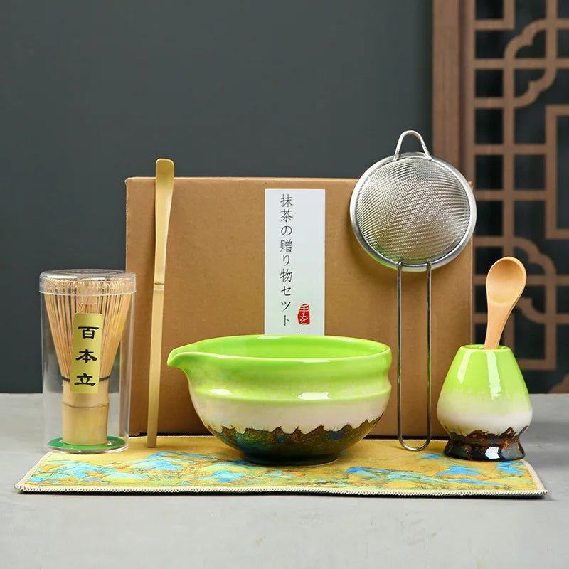 Matcha Set Kit Japanese Ceremony Green/Pink/White With Bamboo Spoon/Scoop, Whisk Holder, Matcha Bowl Matcha Gift Set
