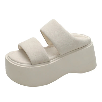 Summer 2023 Chunky Sandals Women's Thick Bottom Wedge Heels Slides 8CM High Heels Platform Leather Casual Beach Flip Flops Woman