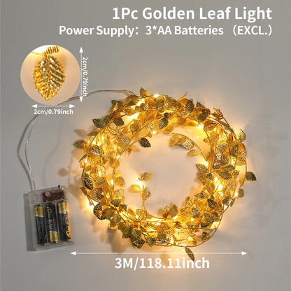 LED Golden Leaves String Light Battery-operated Garland For Living Room Bedroom Party Wedding New Year Birthday Party Decoration