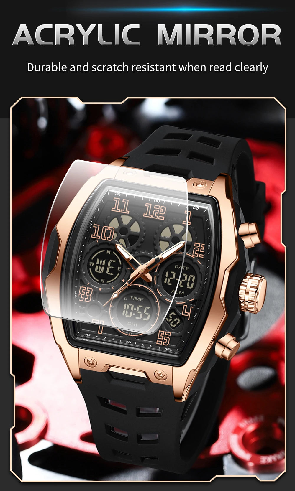 SADNA 6266 Popular Student Watch Wine Barrel Curved Mirror Alarm Clock Timer Waterproof Student Electronic Watch 2025