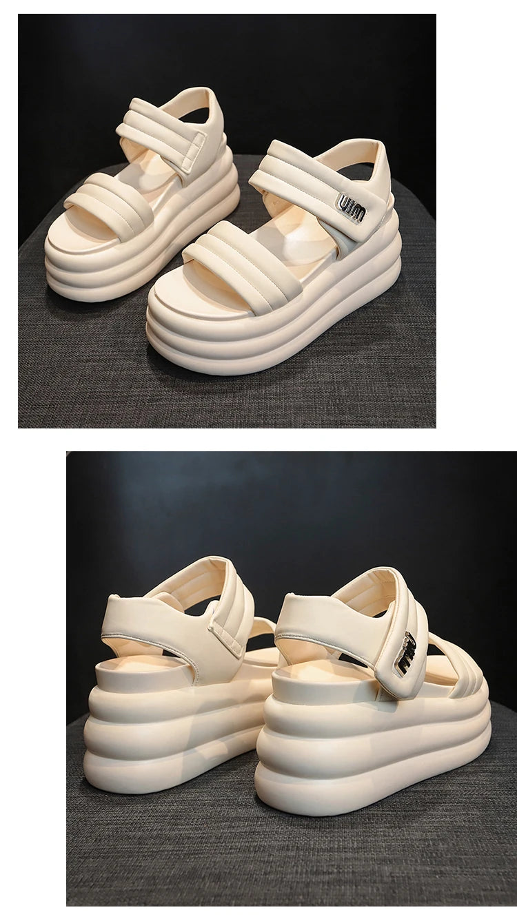 2025 Summer Women Chunky Sandals Leather High Platform Trainers Breathable Casual Slippers Shoes Woman 8.5CM Heels Wedge Sneaker