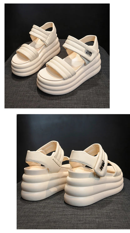 2025 Summer Women Chunky Sandals Leather High Platform Trainers Breathable Casual Slippers Shoes Woman 8.5CM Heels Wedge Sneaker