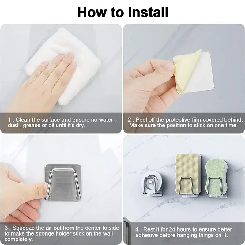 Kitchen Stainless Steel Sink Sponges Holders Self Adhesive Drain Drying Racks Wire Rag Organizer Hooks Multipurpose Wall Hooks