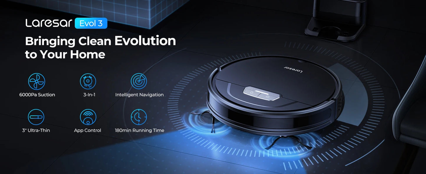 Laresar Robot Vacuums and Mop Combo 6000Pa Suction Auto Carpet Boost Self-Charging Super-Slim Robotic Vacuum Cleaner