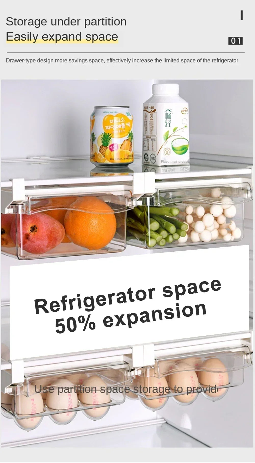 Transparent Fridge Organizer Fruit Egg Refrigerator Storage Box Under-shelf Refrigerator Drawer Box Fresh-keep Kitchen Organizer