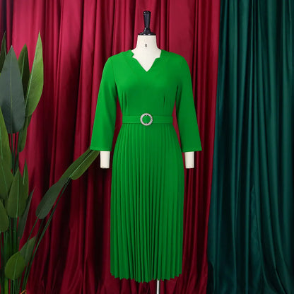 Office Dresses for Women V Neck Full Sleeve Belt Waisted Pleated Mid Calf Elegant Female Business Work Wear Dress Midi Cloth New