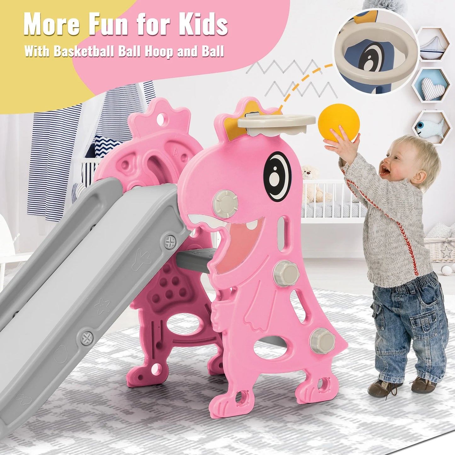 3 in 1Toddlers Slide Board Indoor Children Slide Kids Slide Dinosaur Shape Non Slip Stairs with Basketball Hoop Climber