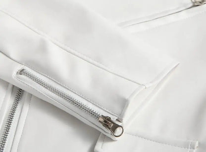 White Leather Jacket Men Fashion Solid Long Sleeve Turn-down Collar Mens Coat