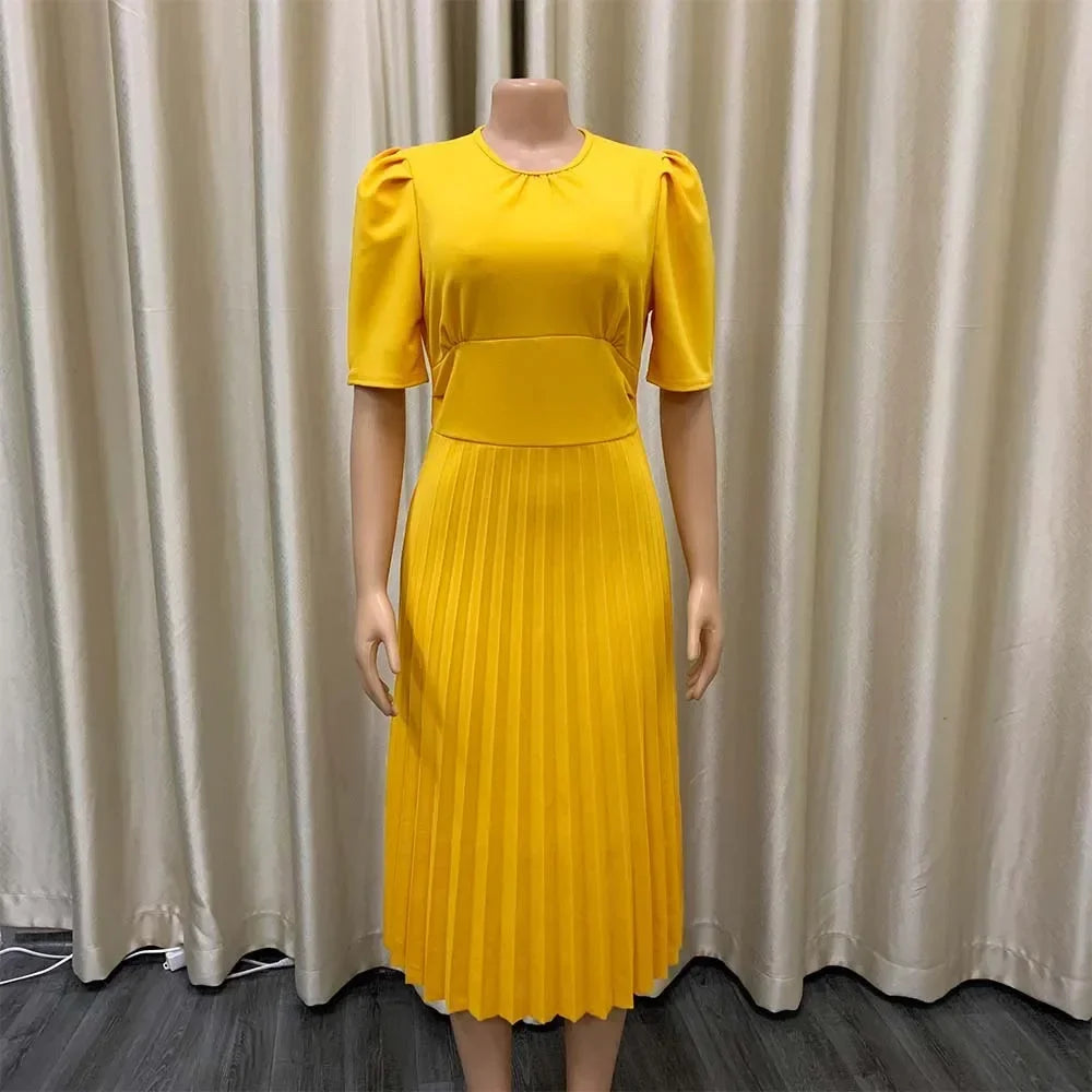 Elegant Office Dresses Pleated Woman 2025 New O Neck Short Sleeve Mid Calf Formal Business Work Wear Dress Midi Vestidos Mujer