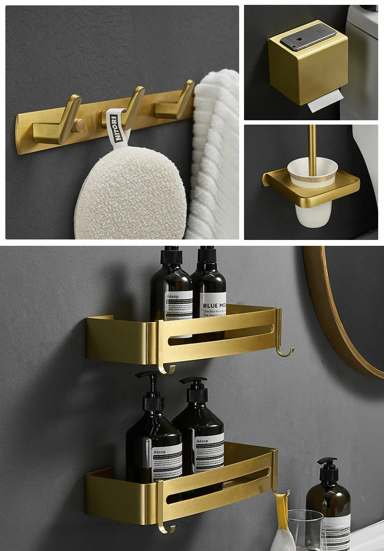 Bathroom Accessories Brushed Gold Space Aluminum Towel Rack Shelf European Hardware Pendant Set Storage Bar Paper Holders