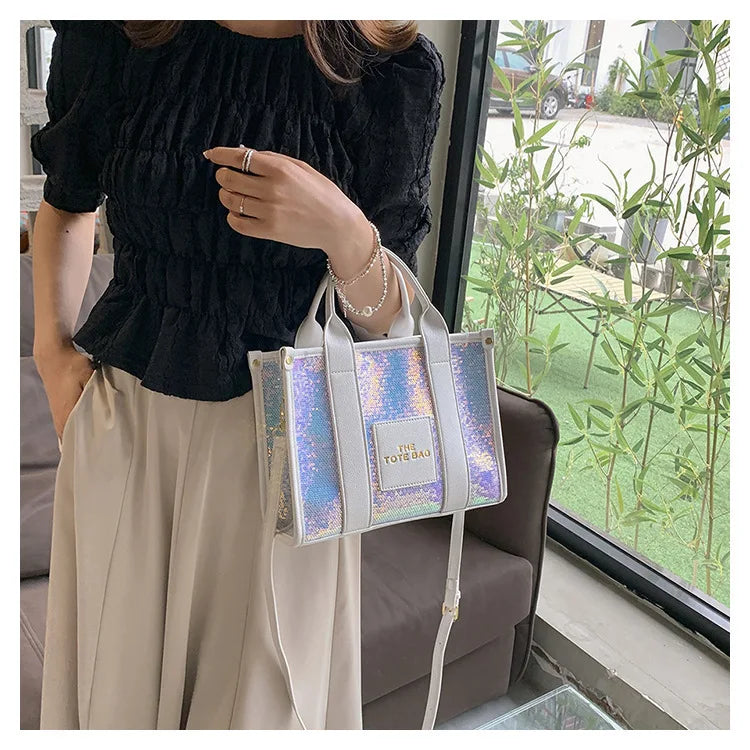 Women's Tote Bag Sequin Shoulder Bag PU Leather Large Capacity Luxury Designer The Tote Bag For Women Crossbody Bags 2024 New