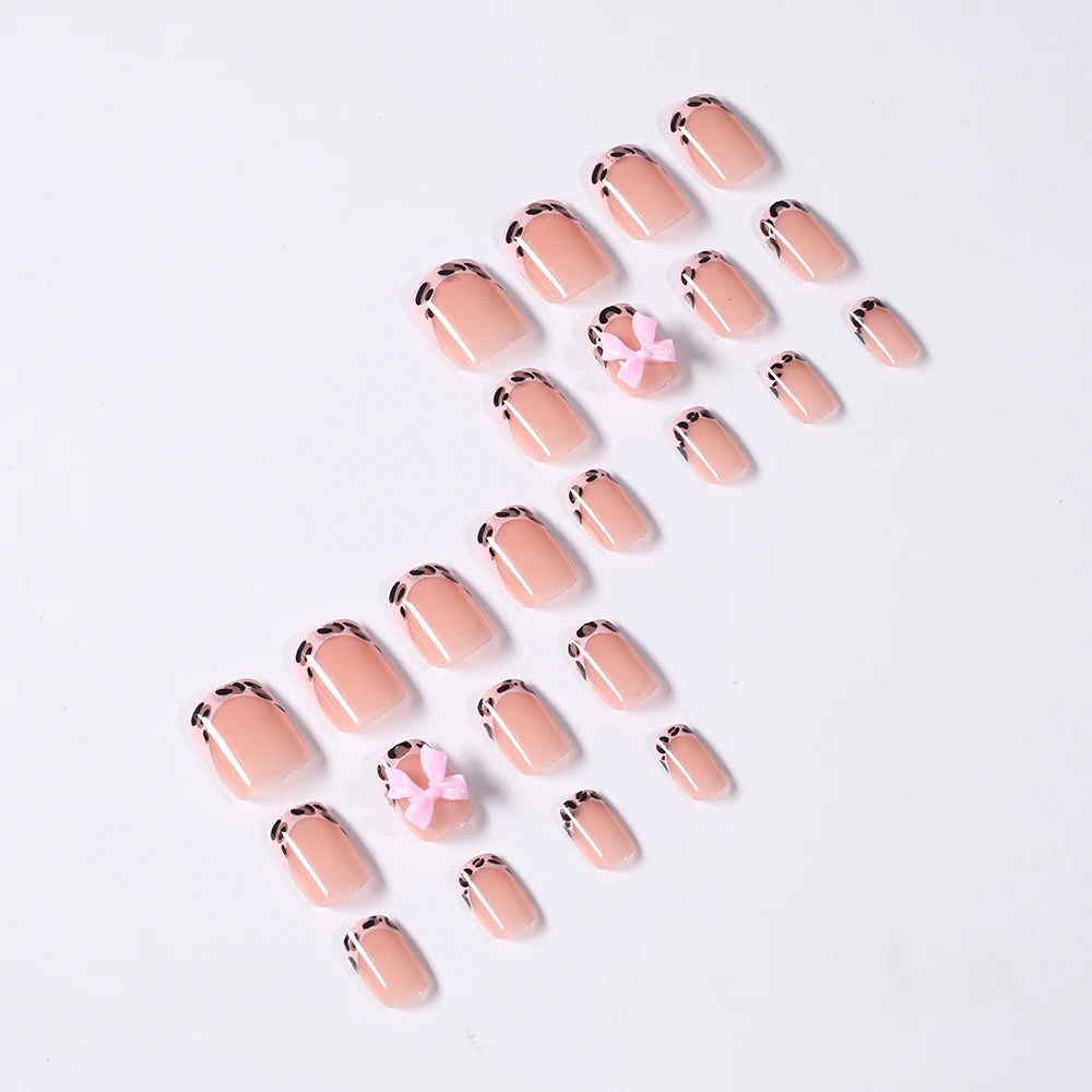 24Pcs Pink Leopard Print French Tips False Nails Short Square Head 3D Black Bowknot Fake Nails Acrylic Full Cover Press on Nails