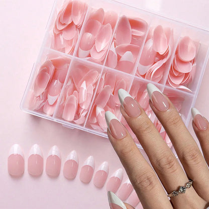 360Pcs/box Glossy Soft Gel Pink French Nail Tips Medium Almond White Simple Press On Nails 10Grids Huge Capacity False Nails*&