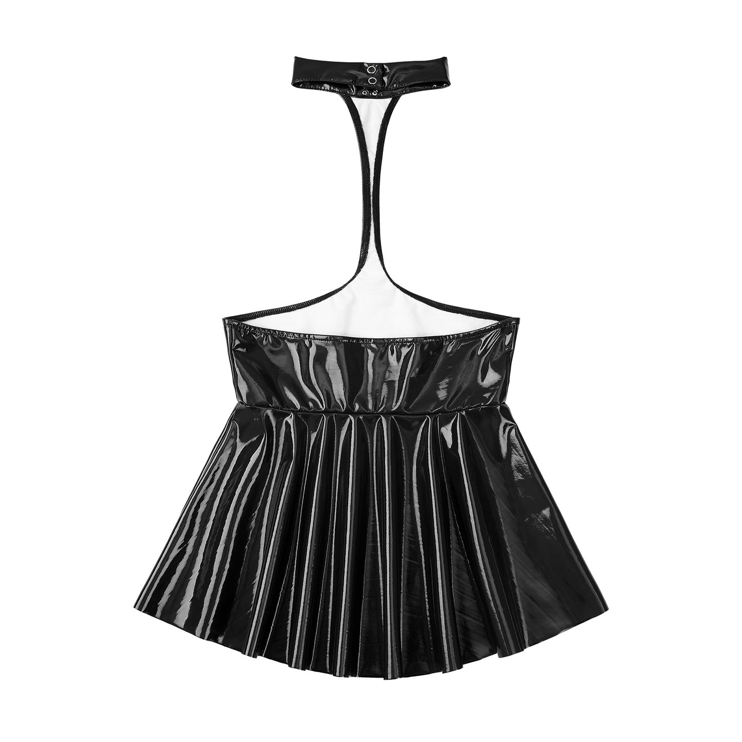 Womens Patent Leather Halter Latex Dress Wet Look Bare Breast Exposing Patent Leather Open Chest Halter Ruffled Latex Dresses