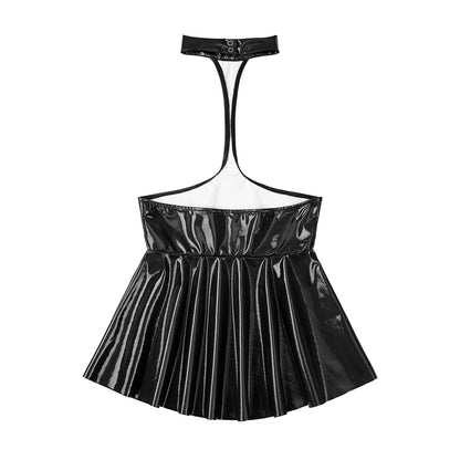Womens Patent Leather Halter Latex Dress Wet Look Bare Breast Exposing Patent Leather Open Chest Halter Ruffled Latex Dresses