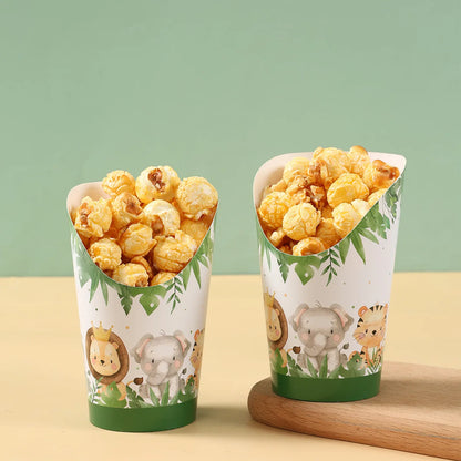 30PCS Jungle Animal Disposable Kraft Paper Slant Snack Cups Kraft Paper Slant Cups Snack Baking Cakes French Fries Containers