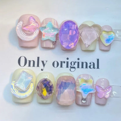 10Pc Acrylic Kawaii Press on Nails Cute Funny Fake Nails with Cartoon Animal Nails Wearable Short Square Full Cover Manicure Tip