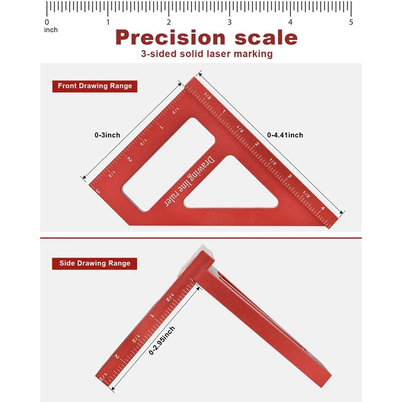Multi-Angle Measuring Ruler,45/90 Degree Aluminum Alloy Woodworking Square Protractor,Miter Triangle Ruler Easy To Use Red