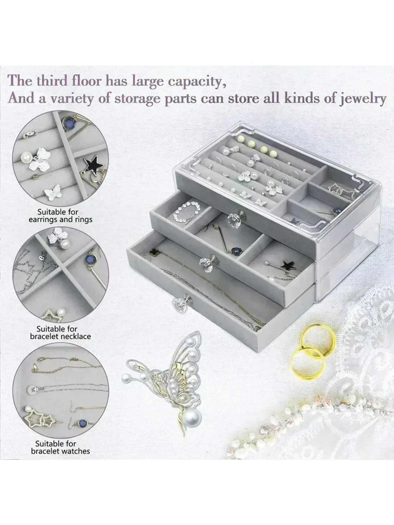 Organizer Box  Acrylic Velvet Jewelry Organizer with 3 Drawers Stackable Display Storage Earrings Necklace Bracelets Box Holder