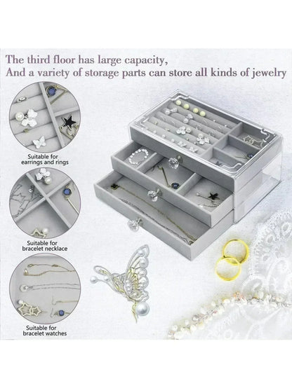 Organizer Box  Acrylic Velvet Jewelry Organizer with 3 Drawers Stackable Display Storage Earrings Necklace Bracelets Box Holder
