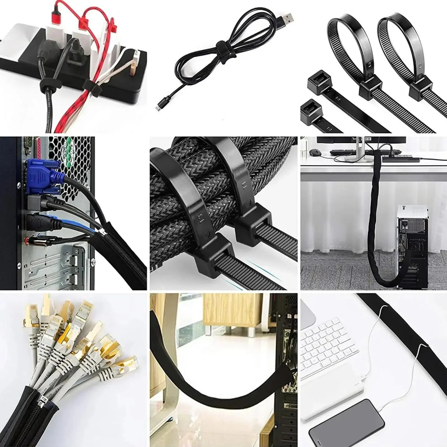 173 PCS Cable Management Kit Include Organizer Sleeve Cord Clips Cable Organizer Straps and Fastening Cable Ties for Office Home