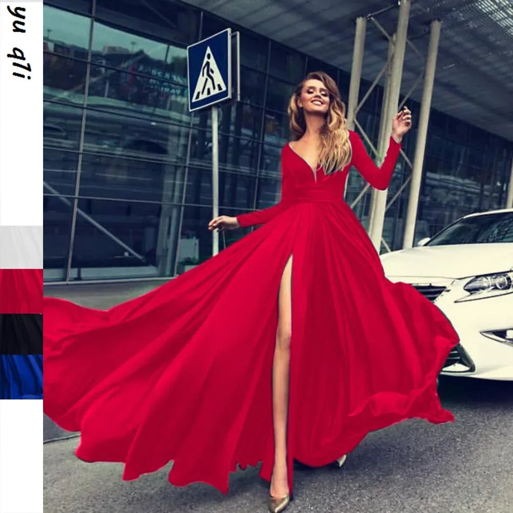 European American Wedding Dresses Wheat Dress Sexy Deep V Long Sleeved Sequined Dress Woman Party Solid Dress Maxi Floor Gowns