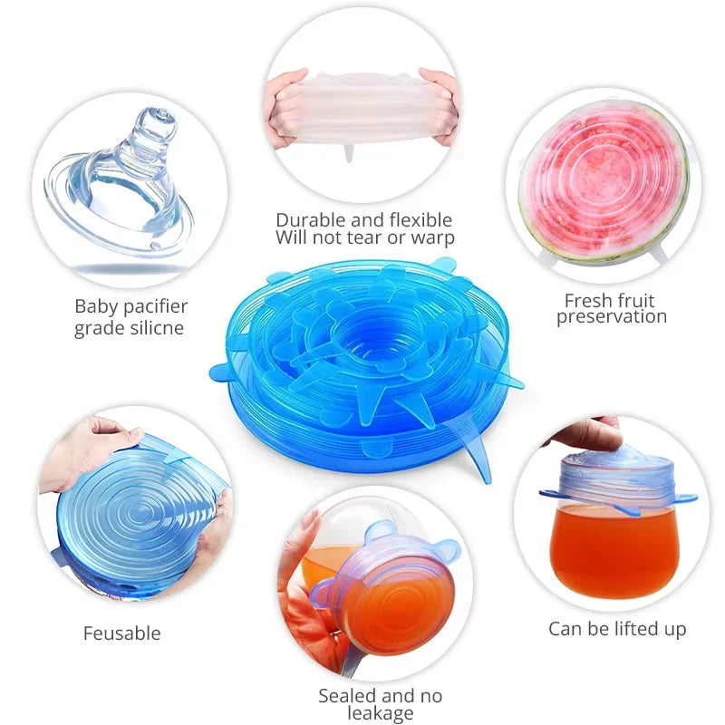 6Pieces Food Grade Silicone Stretch Lids for Food Storage Reusable Microwave Food Covers Bowl Covers For Cup Cans Jars YY121