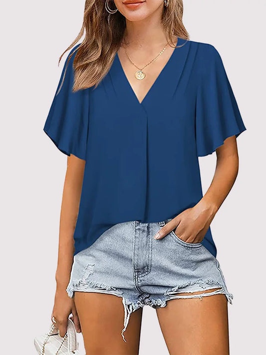 Office Lady Blouse Summer Women V-Neck Loose Short Sleeved T-Shirt  Daily Casual Tops Work Clothes