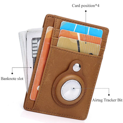 SCHLATUM Genuine Leather RFID Slim Minimalist Card Holder High Quality Apple Airtag Protective Case Men Business Wallet