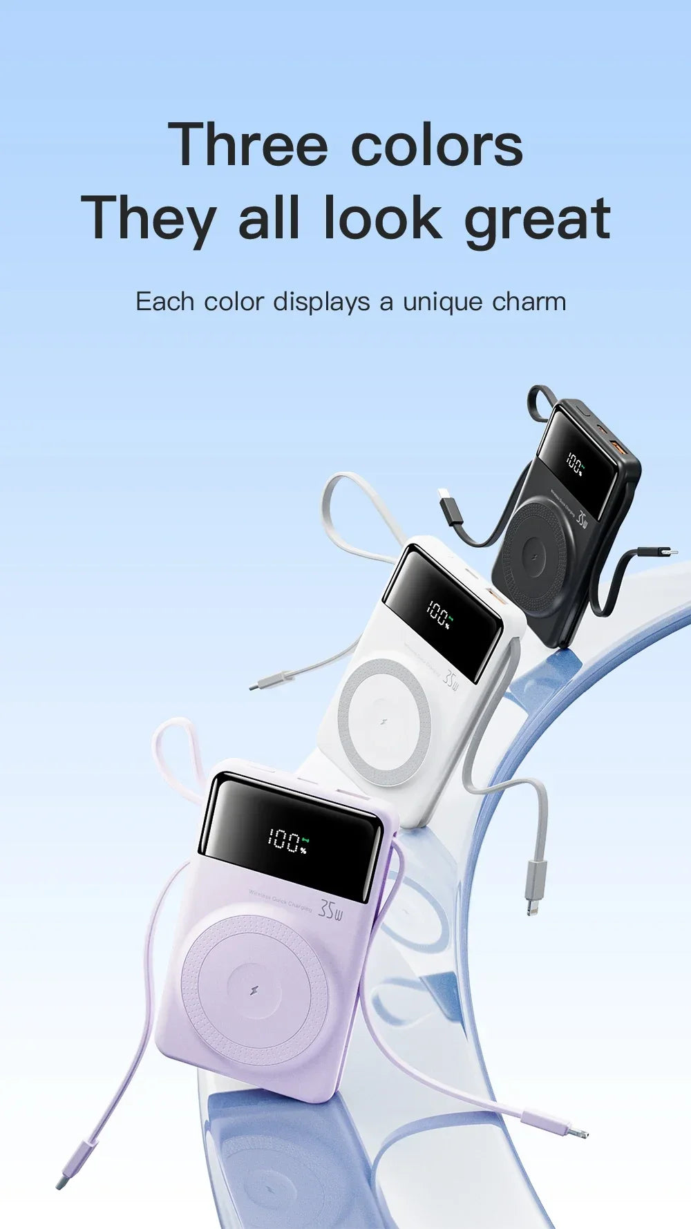 New Portable Built in Cables Magnetic Wireless Power Bank PD35W Fast Charging 20000mAh Large Capacity Powerbank for iPhone 16 15