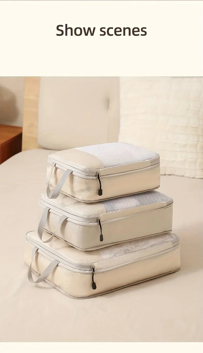 3-piece travel compression packing cube, travel bag luggage organizer travel essentials carry-on luggage compression cube