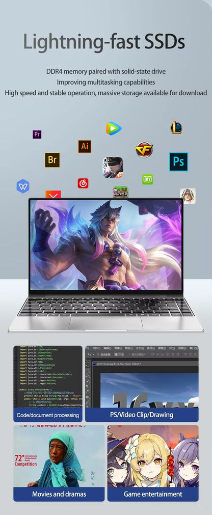 Laptop Computer 14.1" Intel 12GB RAM 1TB 2TB SSD Windows 11 Notebook Office Learn Recreation Entertainment Portable Laptops