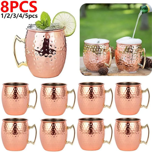 1-8PCS 500ML Moscow Mule Copper Mugs Metal Mug Cup Stainless Steel Hammered Copper Plated Beer Coffee Cup Bar Cocktail Wine Cups