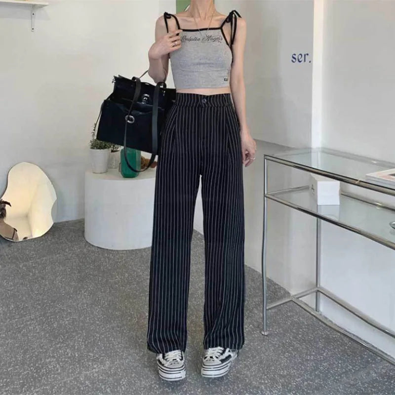 Women's Formal Office Wear Suit Pants Vintage High Waist Baggy Striped Pants Woman Korean All-Match Straight Trousers Female