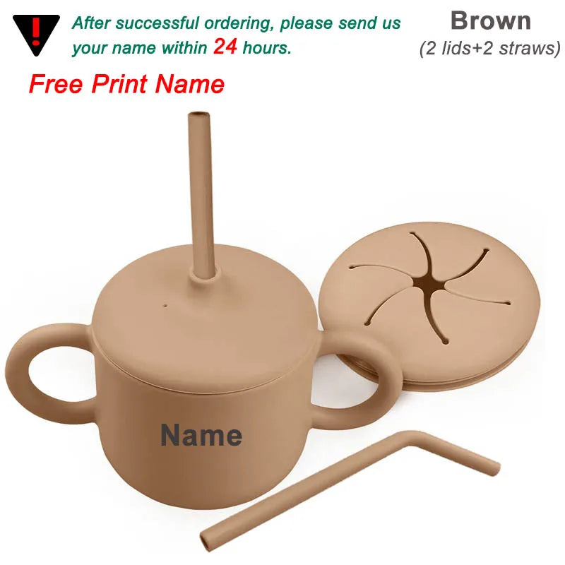 Food Grade Silicone Baby Feeding Cups Personalized Name Children Learn Drinking Cups Sippy Cups Kids Toddlers Straw Water Bottle